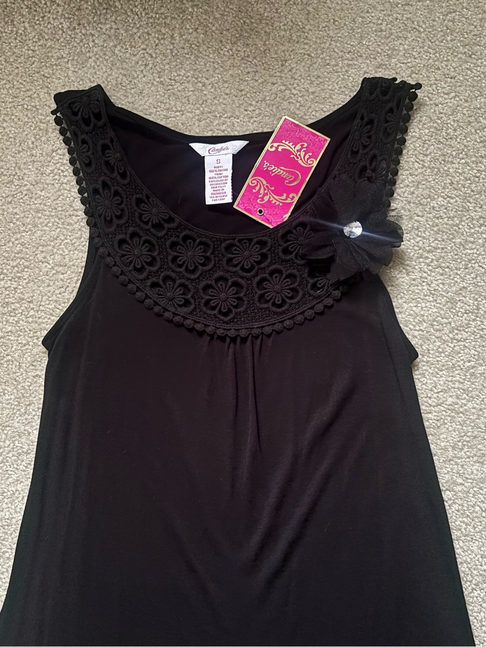Candie's Black Floral Crochet Yoke Tank with Flower Accent